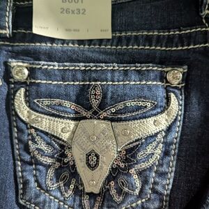 Miss Me Dark Blue Boot Cut Jeans with Silver Embellishments